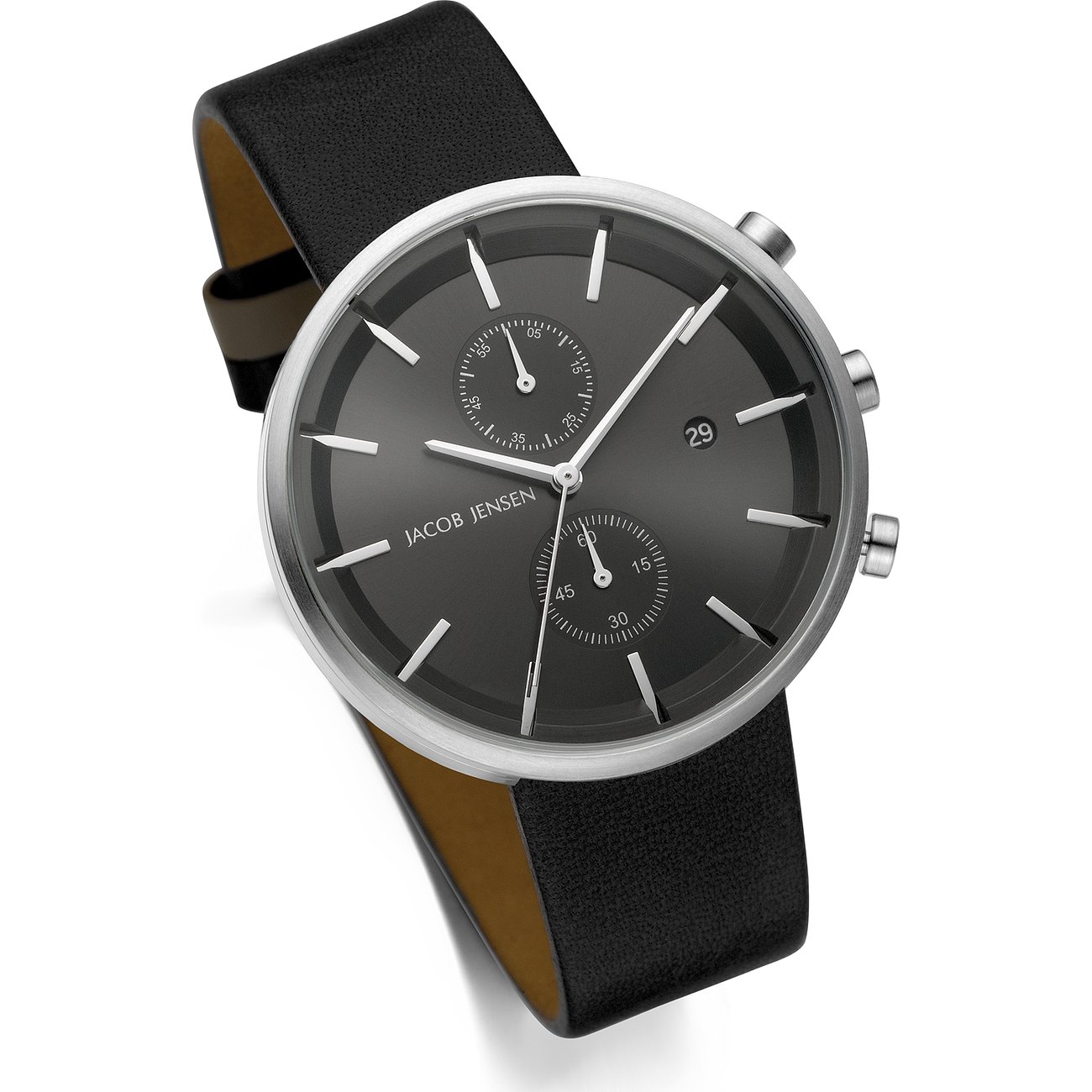 Jacob Jensen Herrenuhr aus Edelstahl mit dunklem Zifferblatt, drei Hilfszifferblättern und schwarzem Lederarmband.