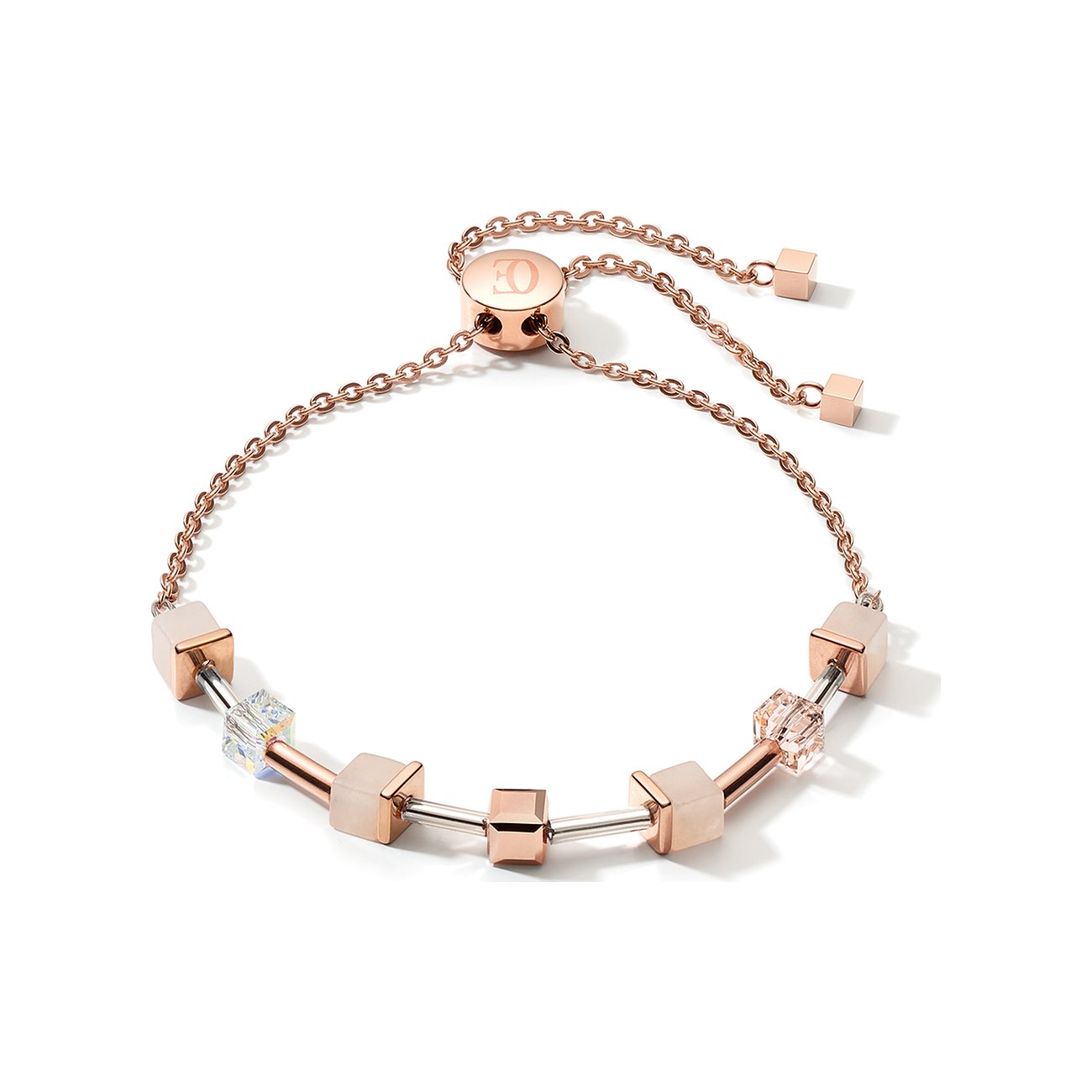 Coeur de Lion Armband aus roségoldfarbenem Edelstahl mit Aventurin-Farbsteinen und transparenten Würfeln an einer Kette.