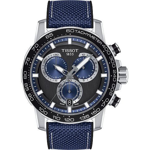Tissot Herrenuhr mit Edelstahlgehäuse, schwarzem Zifferblatt und blauem Band.
