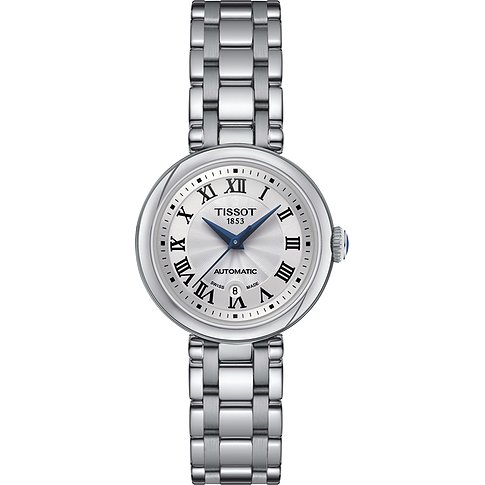 Tissot Damenuhr aus Edelstahl mit römischen Ziffern und blauem Sekundenzeiger.