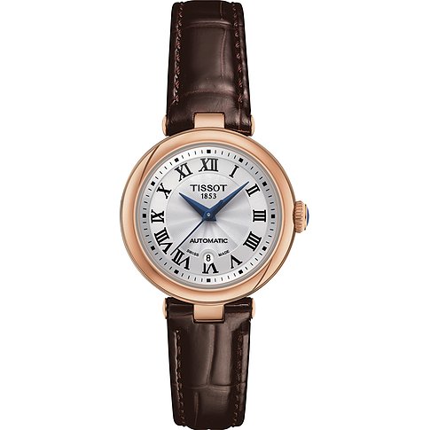 Tissot Damenuhr mit Edelstahlgehäuse, silberfarbenem Zifferblatt und braunem Lederarmband.
