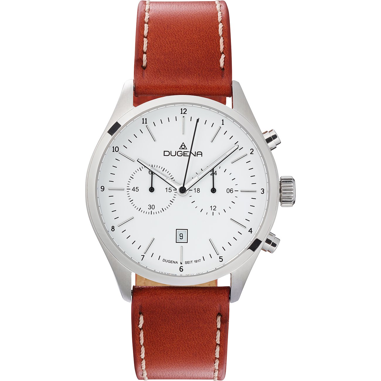 Dugena Herrenuhr aus Edelstahl mit weißem Zifferblatt und braunem Lederarmband, Ansicht von oben.