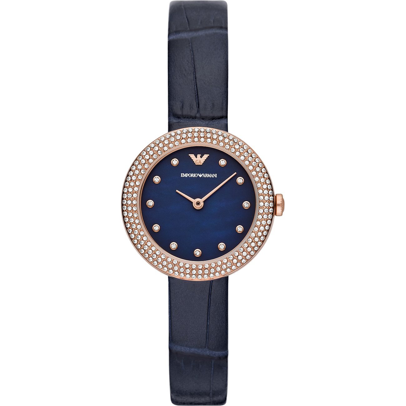 Emporio Armani Damenuhr aus edelstahl mit einem blauen Zifferblatt und umlaufenden Schmucksteinen.