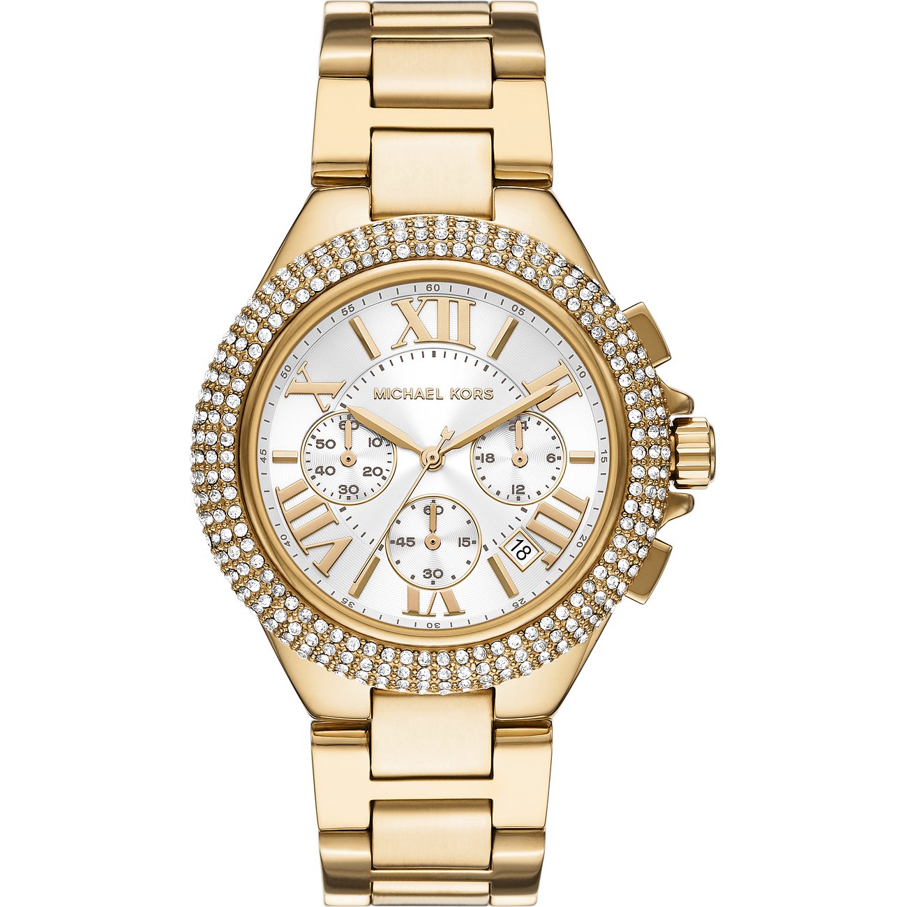 Michael Kors Damenuhr aus goldfarbenem Edelstahl mit weißem Zifferblatt und glitzernden Schmucksteinen.