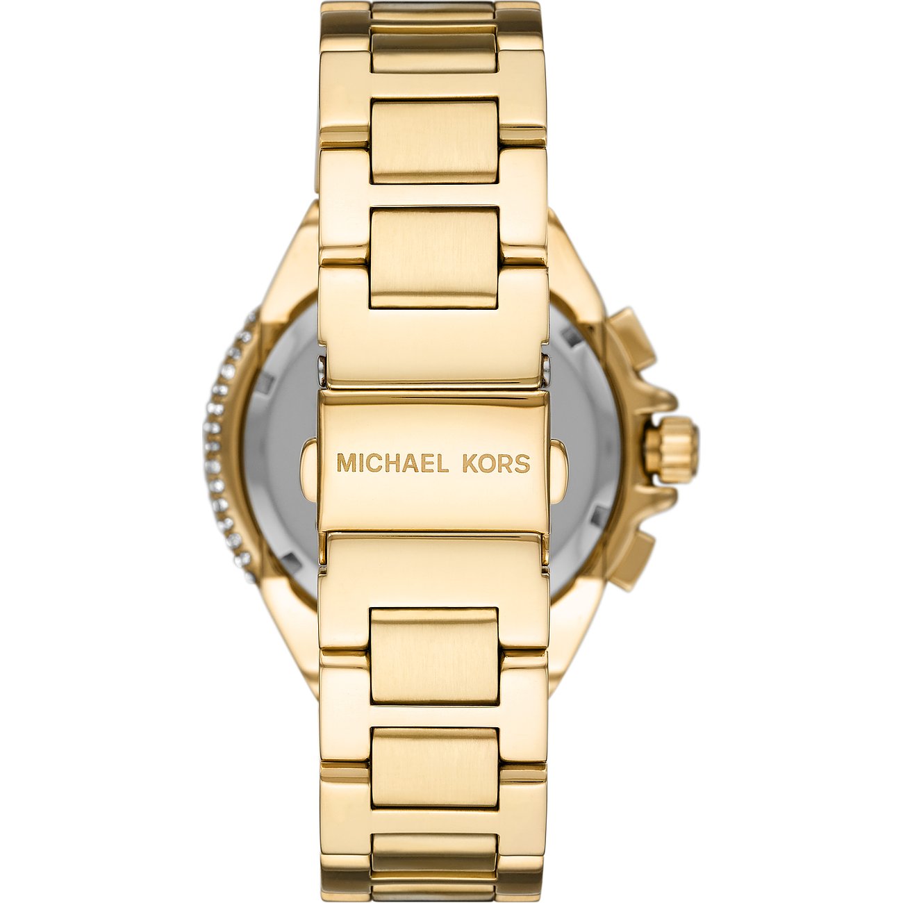 Rückansicht einer goldenen Michael Kors Damenuhr aus Edelstahl mit glänzendem Armband und graviertem Logo.