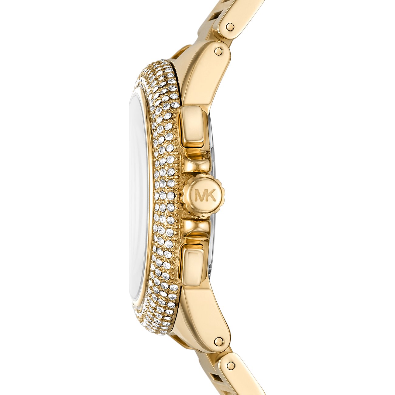 Seitenansicht einer goldenen Michael Kors Damenuhr aus Edelstahl mit einem mit klaren Schmucksteinen besetzten Gehäuse.