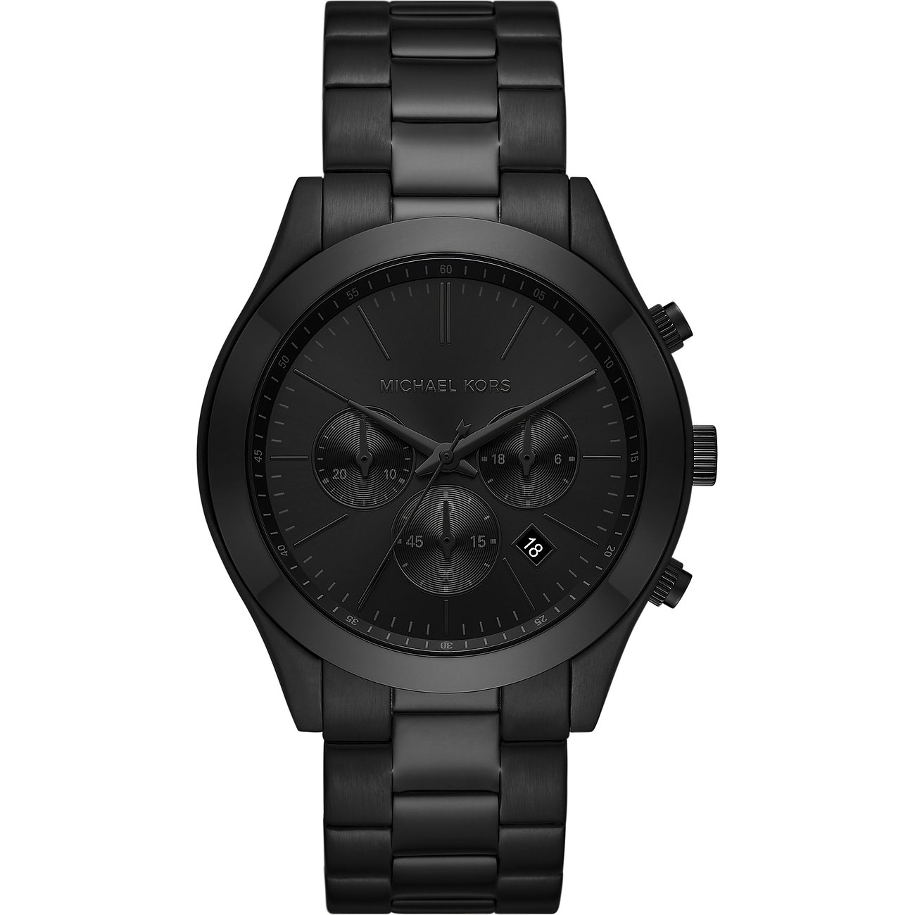 Eine Michael Kors Herrenuhr, Chronograph, komplett in Mattschwarz aus Edelstahl mit schwarzem Zifferblatt.