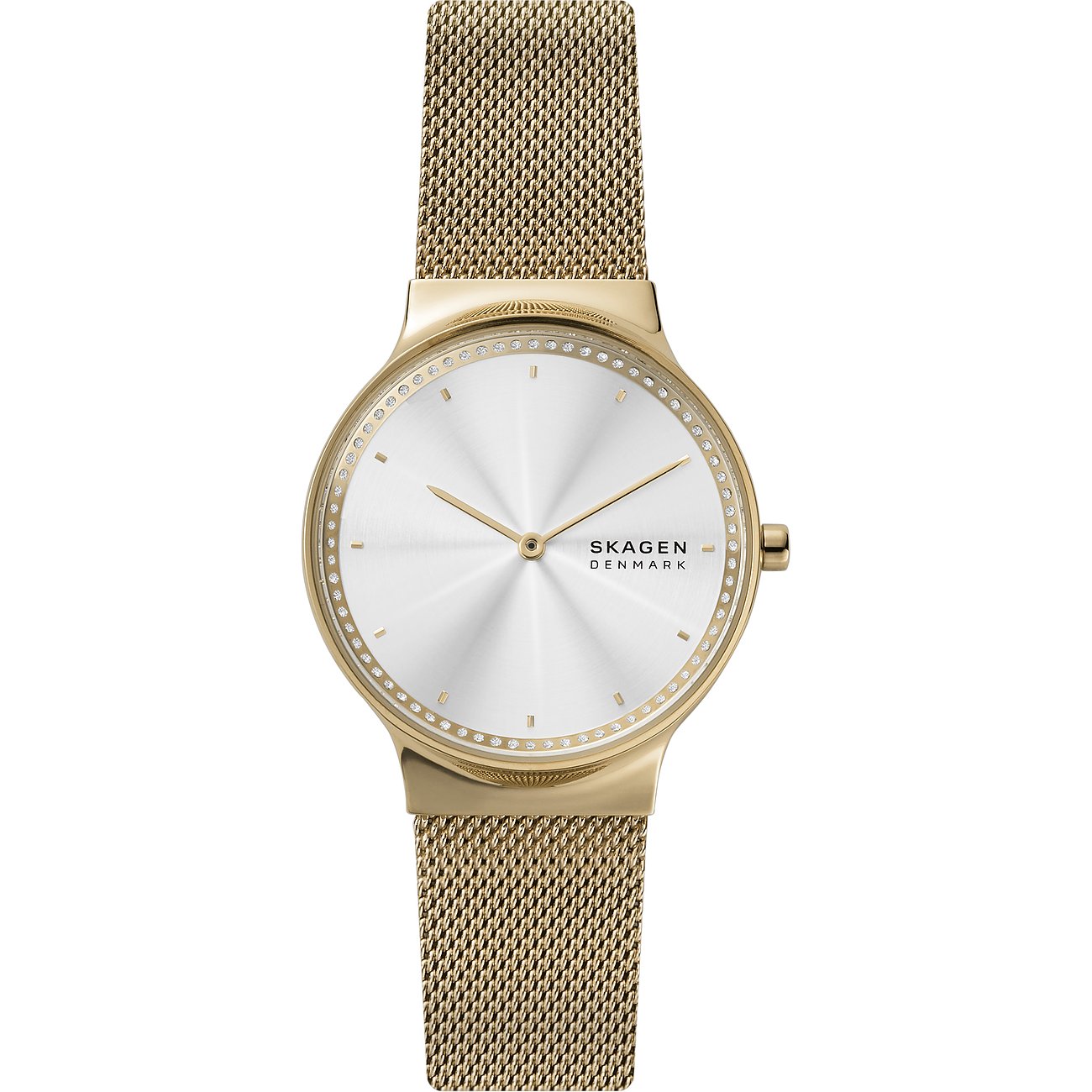 Skagen Uhr aus goldenem Edelstahl mit rundem, weißem Zifferblatt und kleinen Schmucksteinen am Rand.