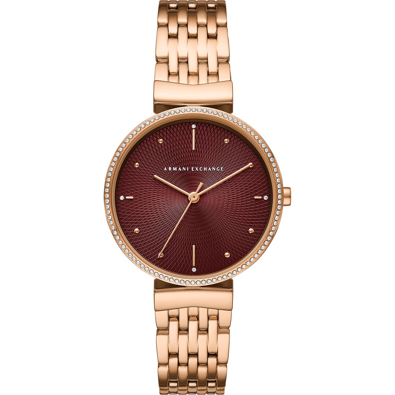 Armani Exchange Damenuhr aus roségoldfarbenem Edelstahl mit burgunderrotem Zifferblatt und glitzernden Steinen.