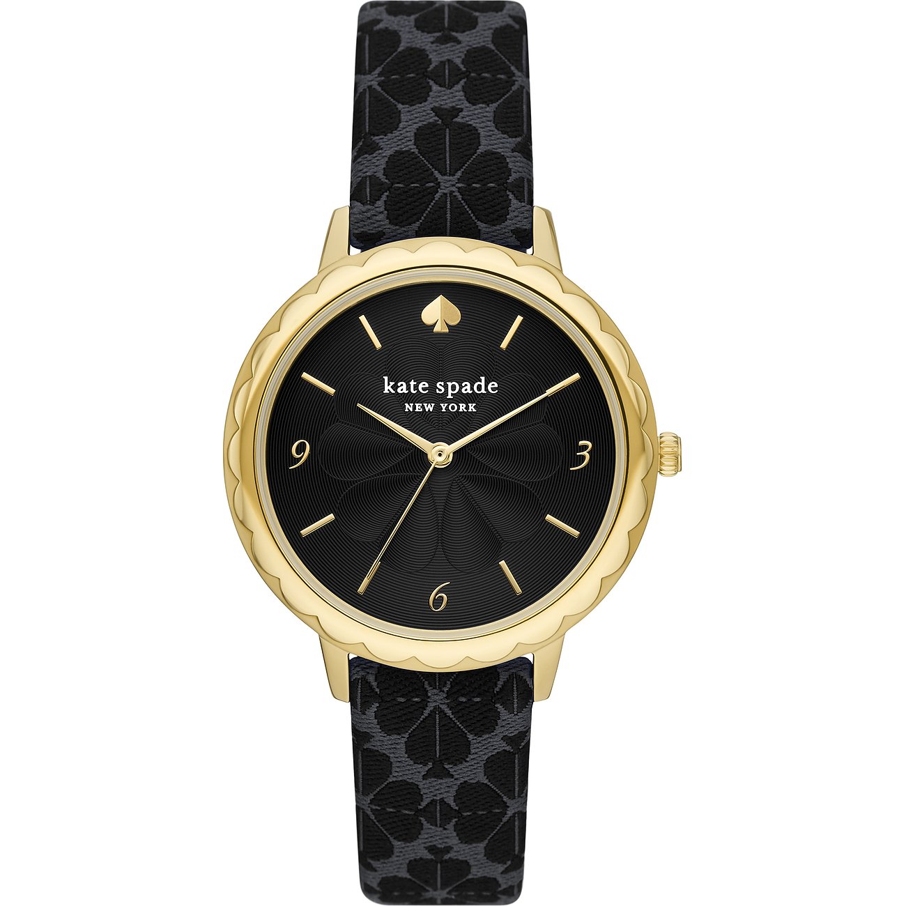 Kate Spade Damenuhr aus goldfarbenem Edelstahl mit schwarzem Zifferblatt und schwarzem Armband mit Kleeblattmuster.