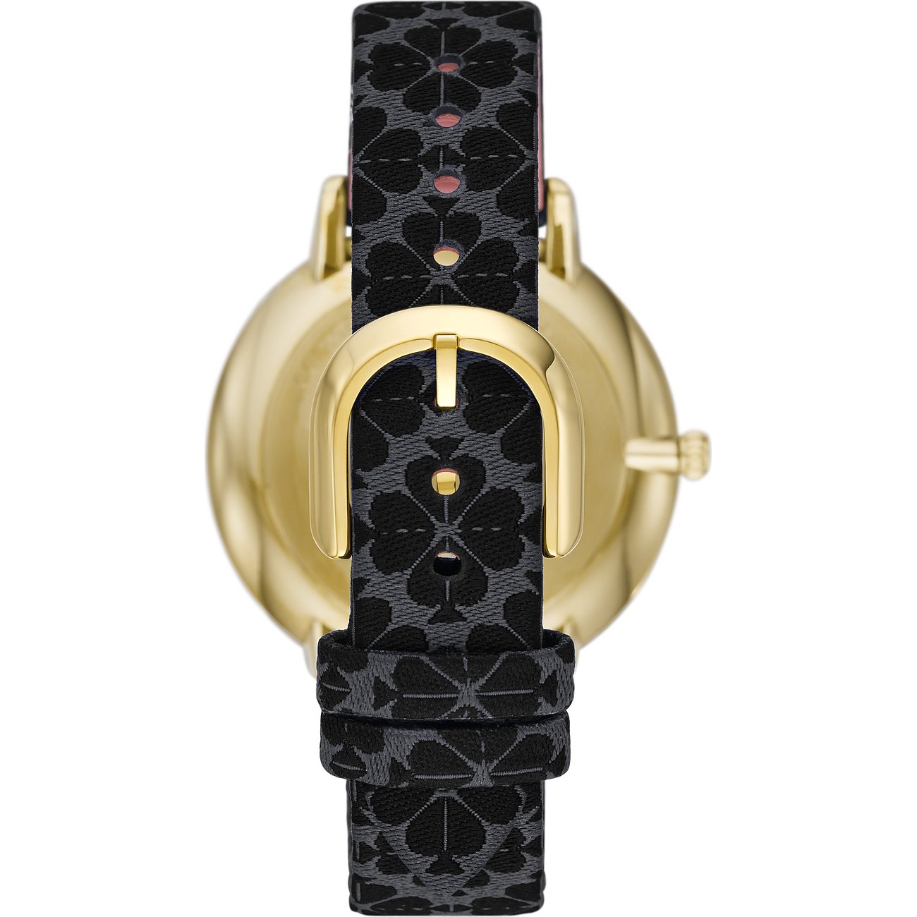 Rückansicht einer Kate Spade Damenuhr mit goldenem Edelstahlgehäuse und schwarzem Armband mit floralem Muster.