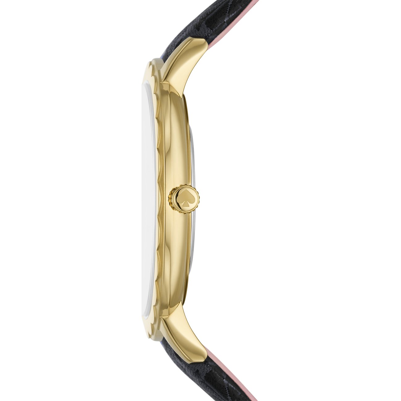 Seitenansicht einer Kate Spade Damenuhr aus goldfarbenem Edelstahl mit schwarzem Lederarmband und weißem Zifferblatt.