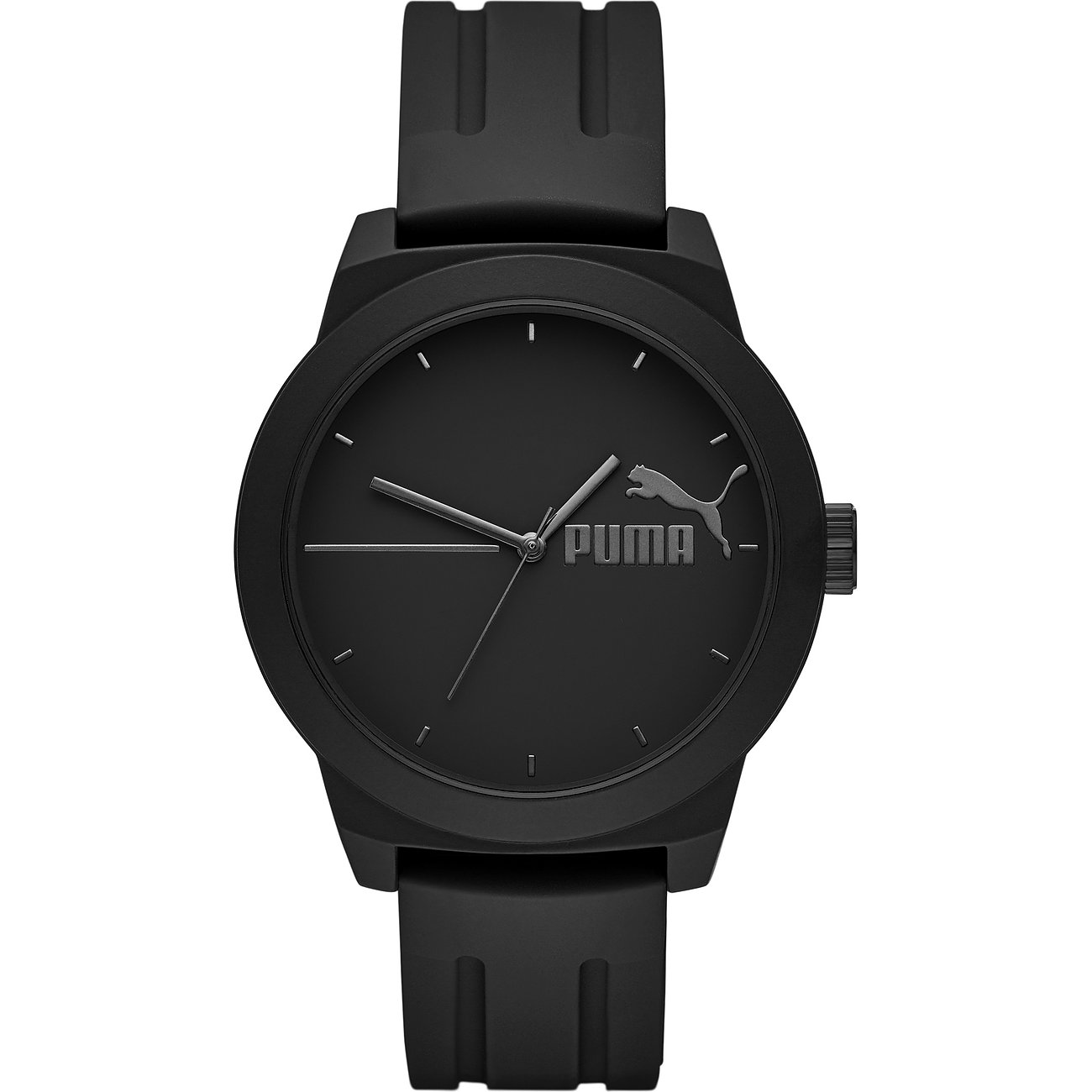 Puma Herrenuhr aus schwarzem Metall mit rundem Zifferblatt und schwarzem Silikonarmband mit Schnalle.