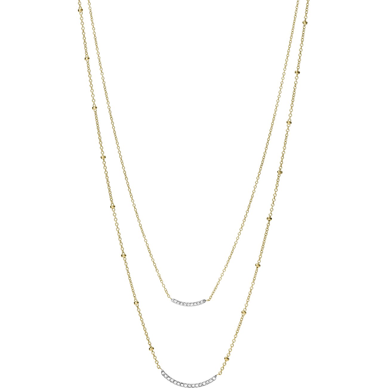 Fossil Collier aus goldfarbenem Edelstahl mit zwei Ketten und leicht geschwungenen Anhängern mit Glassteinen.