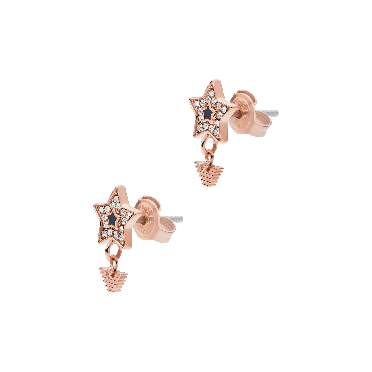 Zwei roségoldfarbene Emporio Armani Ohrstecker aus Edelstahl mit Sternen, verziert mit klaren Glassteinen.