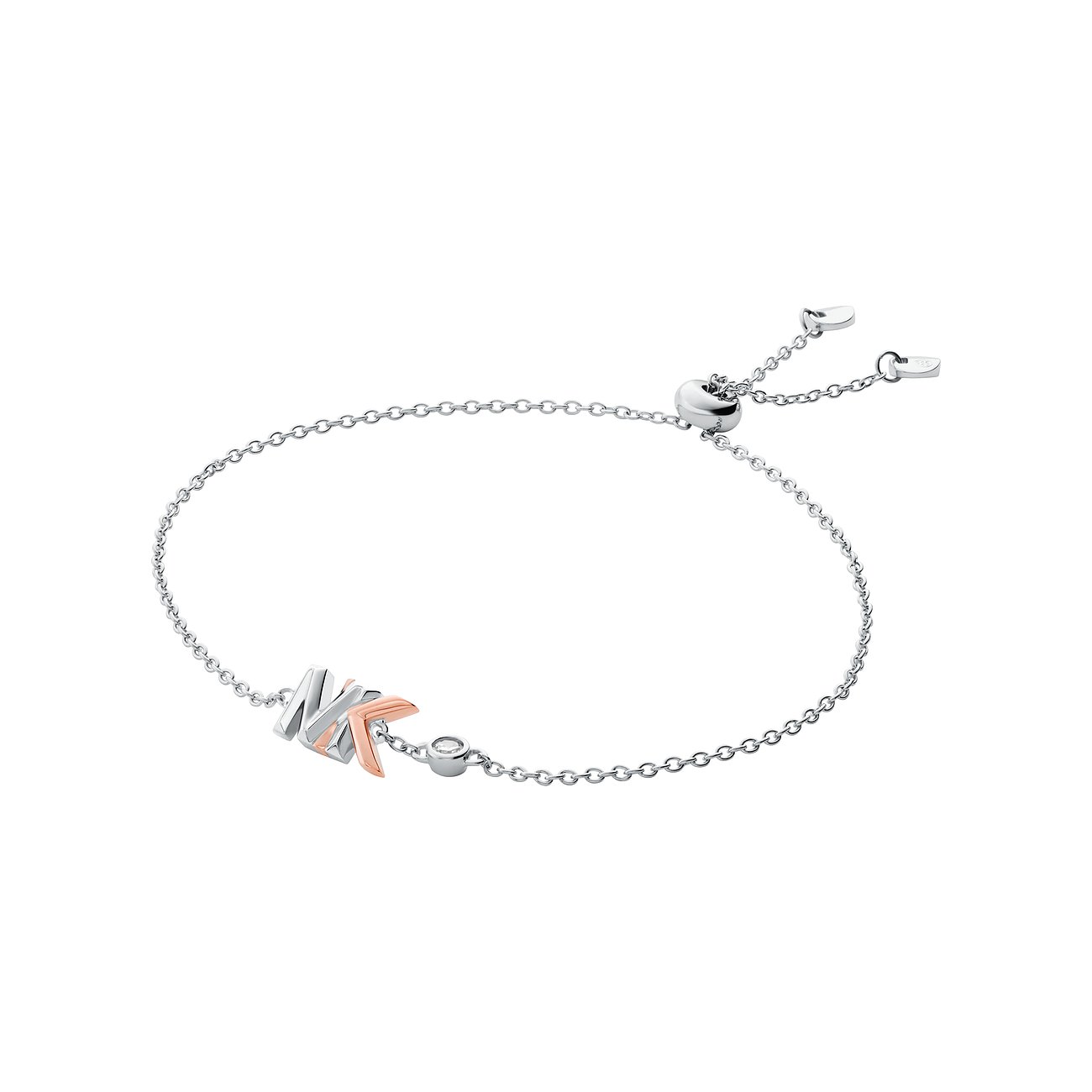 Michael Kors Armschmuck aus 925er Silber mit „MK“-Anhängern in Silber und Roségold und einem klaren Schmuckstein.
