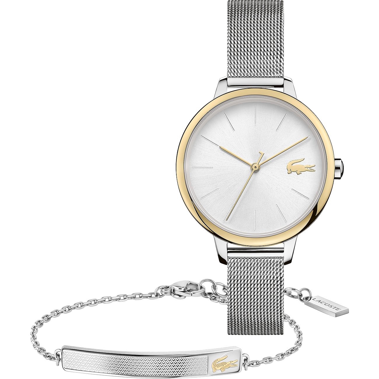 Lacoste Edelstahl-Set mit silberner Uhr und Armband. Die Uhr hat ein weißes Zifferblatt und goldene Details.