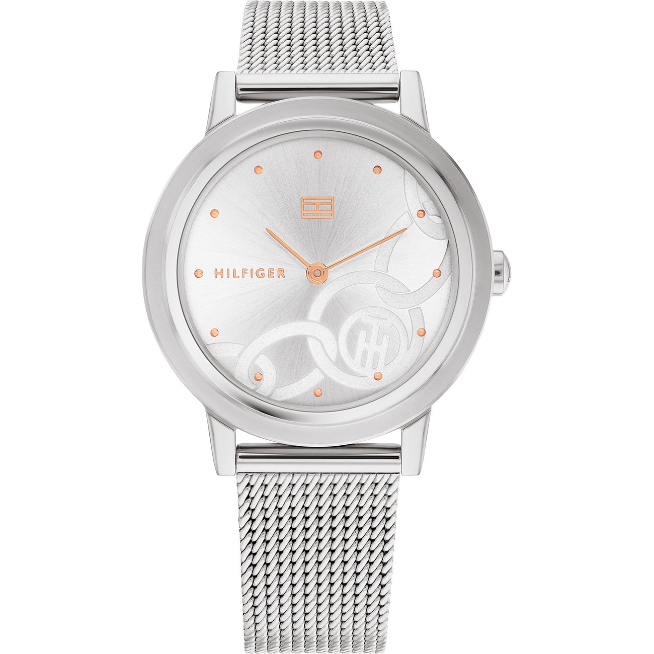 Tommy Hilfiger Damenuhr aus Edelstahl mit silbernem Mesh-Armband und weißem Zifferblatt mit roségoldenen Akzenten.