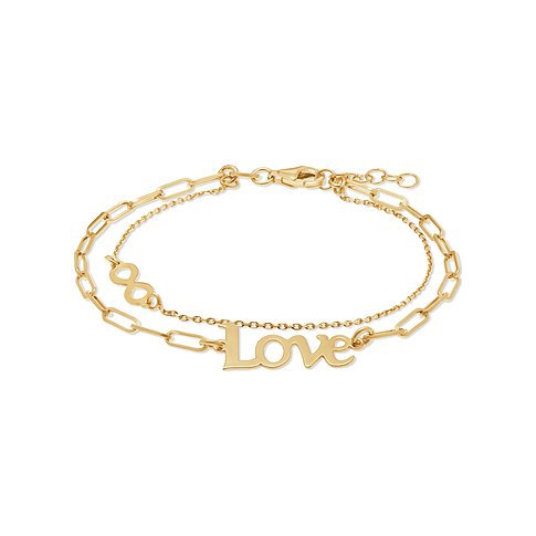 FAVS 925er Silberarmband, Goldton, zweilagig, verstellbar, mit Unendlichkeitszeichen und "Love" Schriftzug.