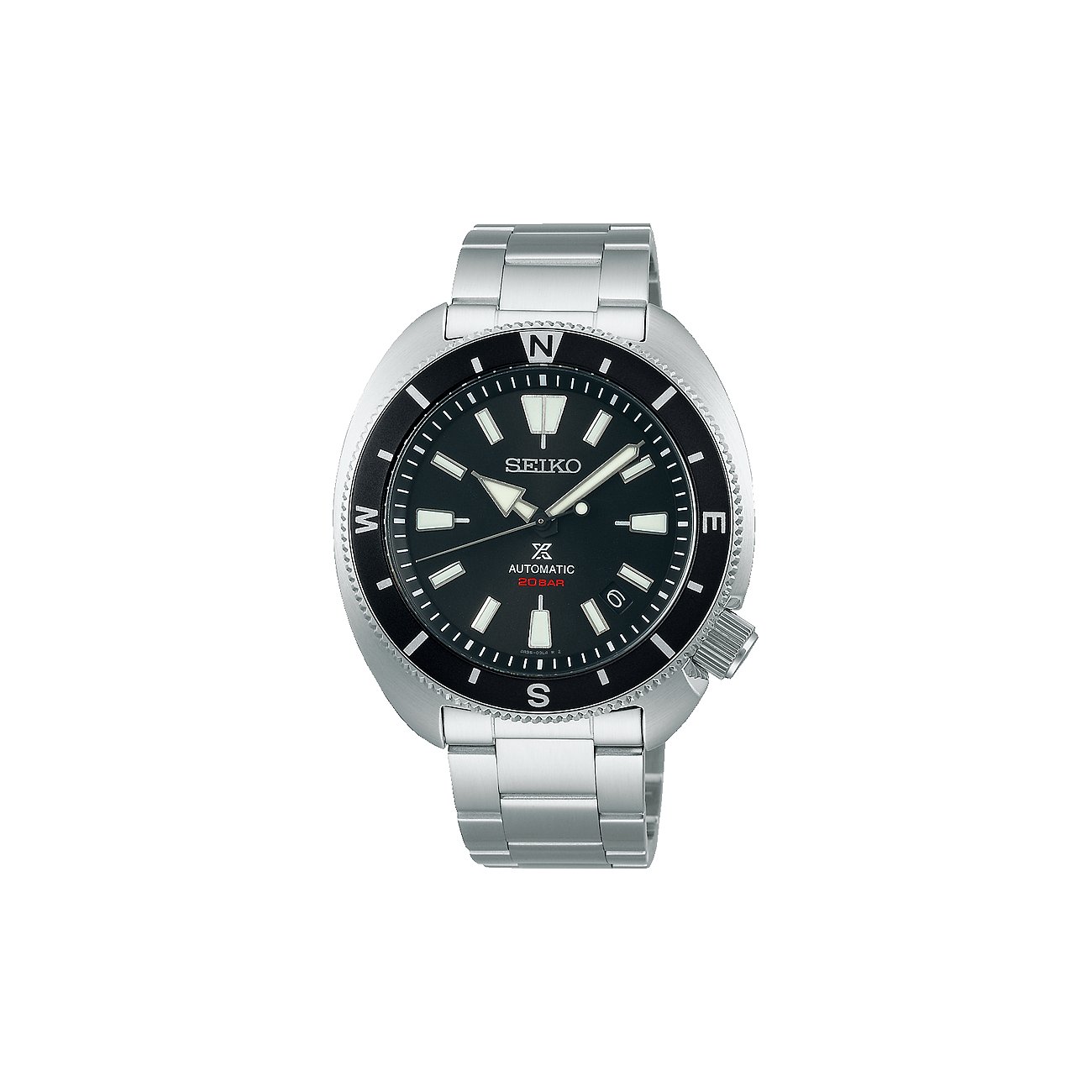 Seiko Herrenuhr aus Edelstahl mit schwarzem Zifferblatt und silberfarbenem Armband, von vorne sichtbar.