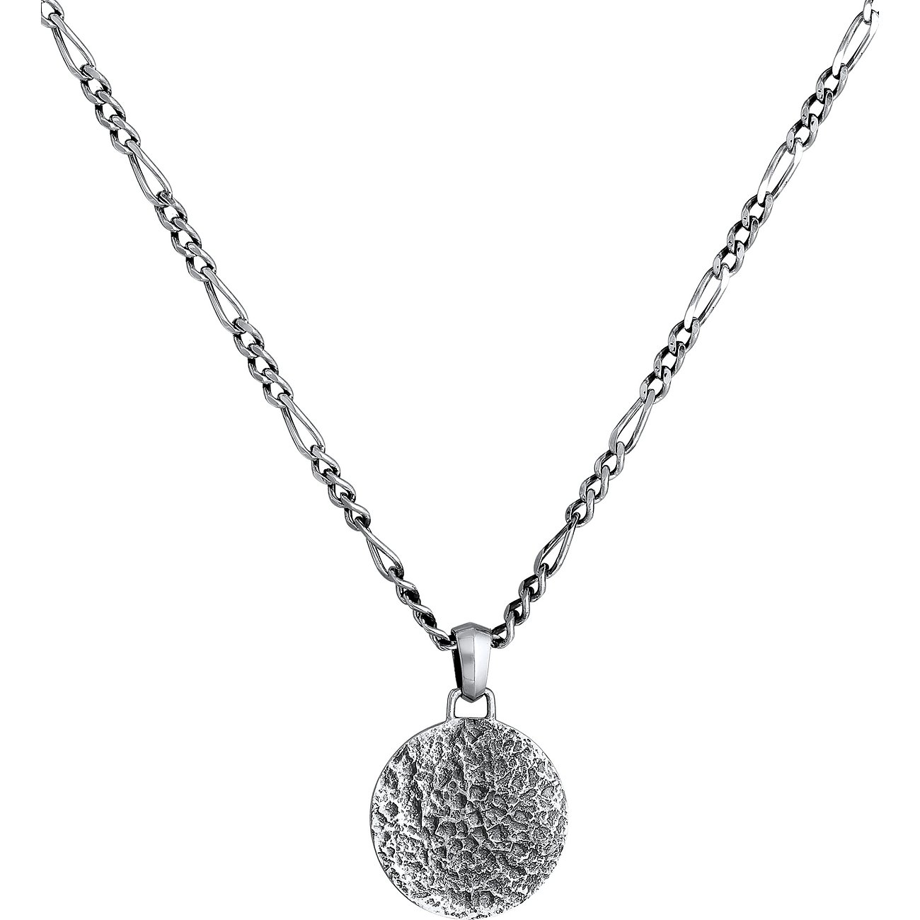 Kuzzoi Halsschmuck aus 925er Silber. Eine silberne Panzerkette mit einem runden, gehämmerten Anhänger.