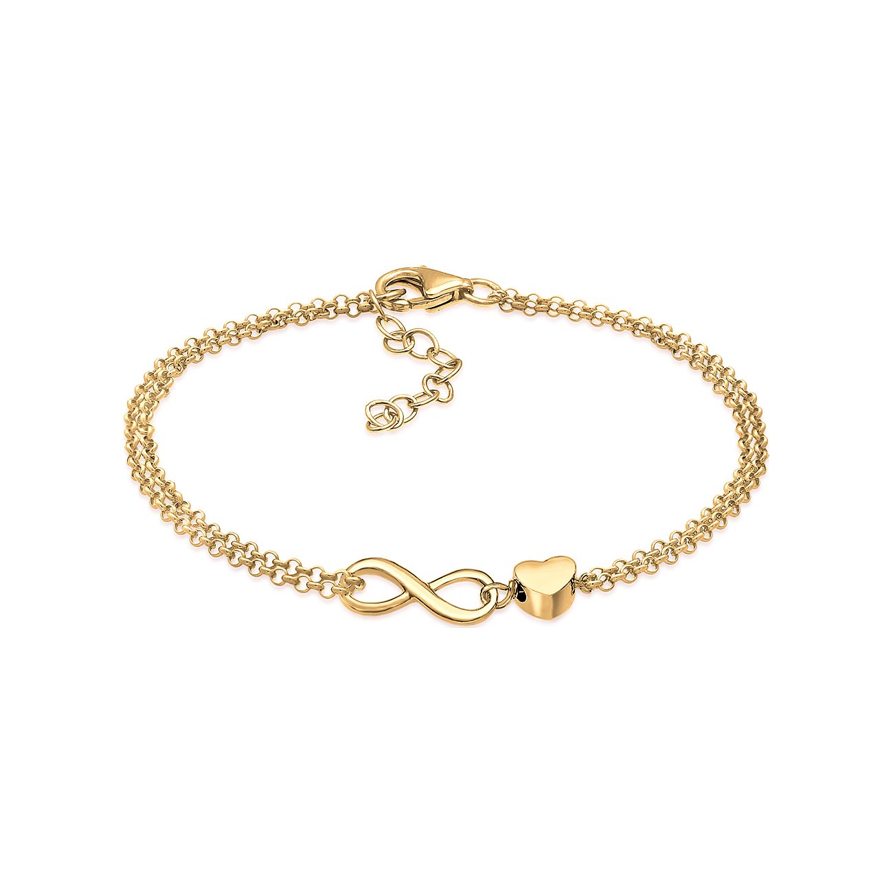 Elli Armband aus vergoldetem Silber mit Unendlichkeitssymbol und kleinem Herz am Ende.