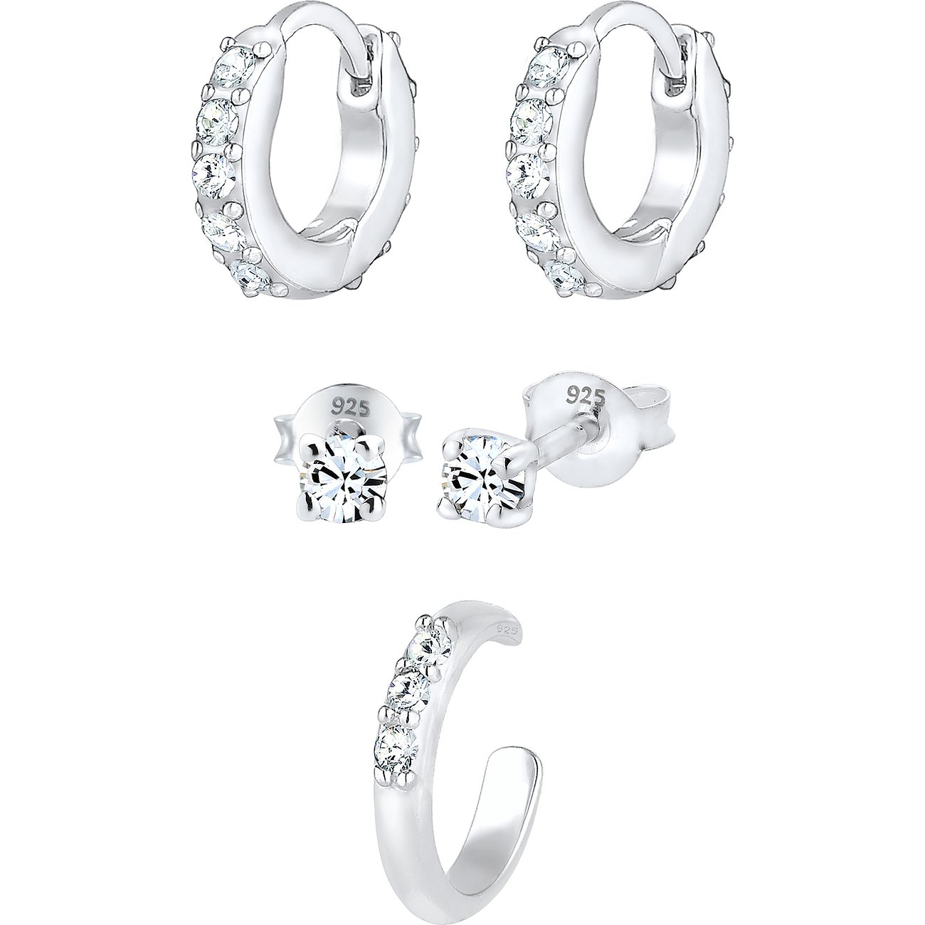Elli Schmuckset aus 925er Silber mit Kristallen. Es besteht aus Creolen, Ohrsteckern und einer Ear Cuff.