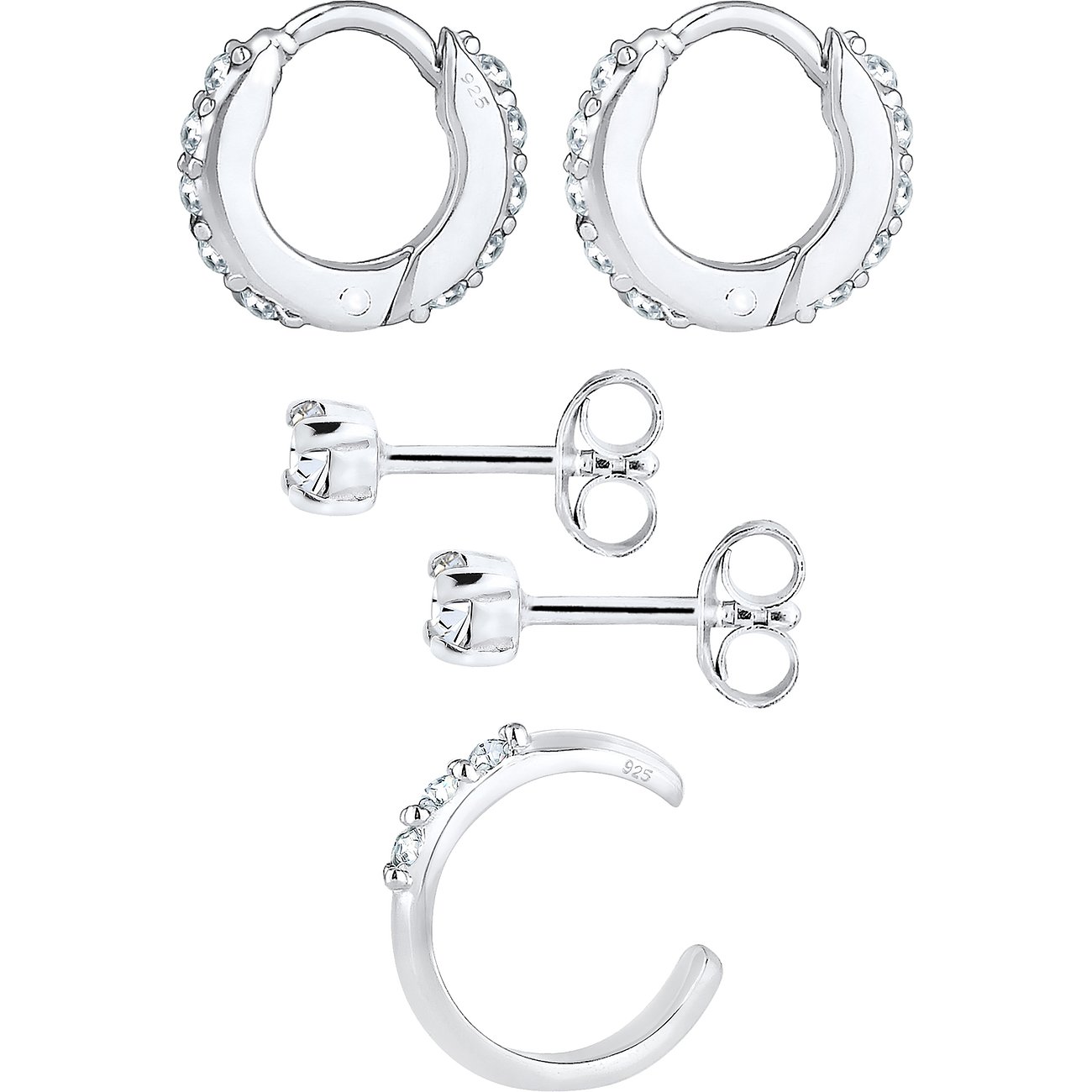 Elli Schmuckset aus 925er Silber mit zwei Creolen, zwei Ohrsteckern und einem Ear Cuff mit weißen Kristallen.
