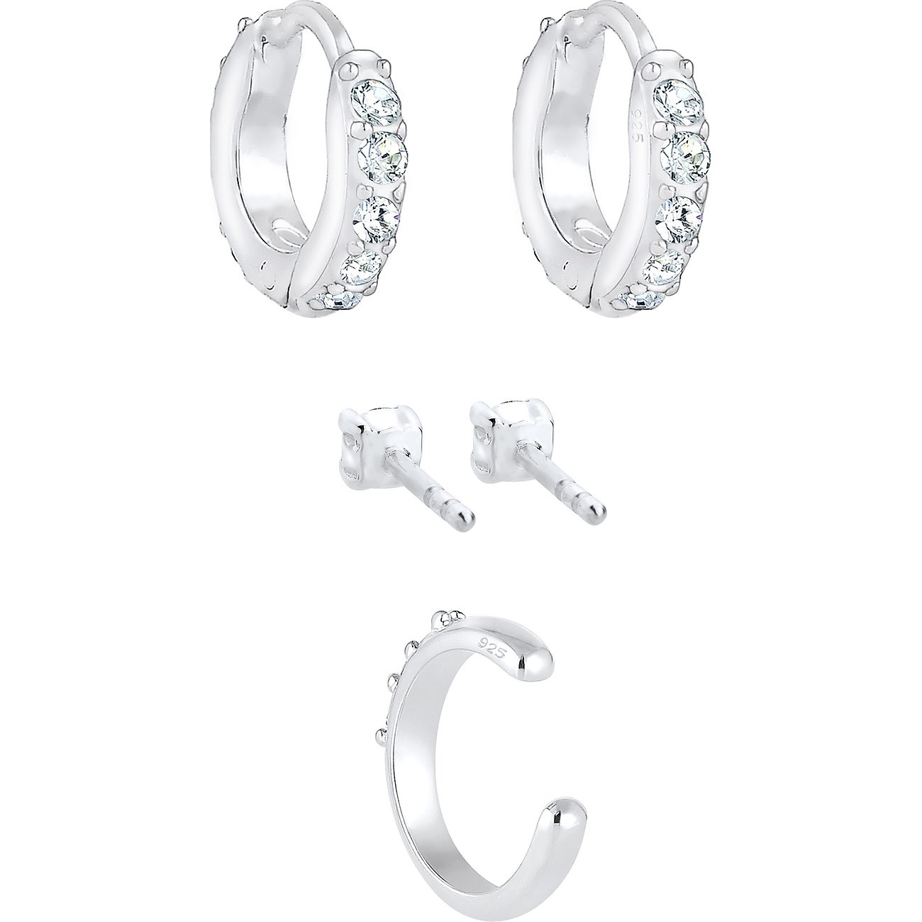 Elli Schmuckset: 925er Silber Creolen, Ohrstecker, Ohrklemme, besetzt mit funkelnden Kristallen.