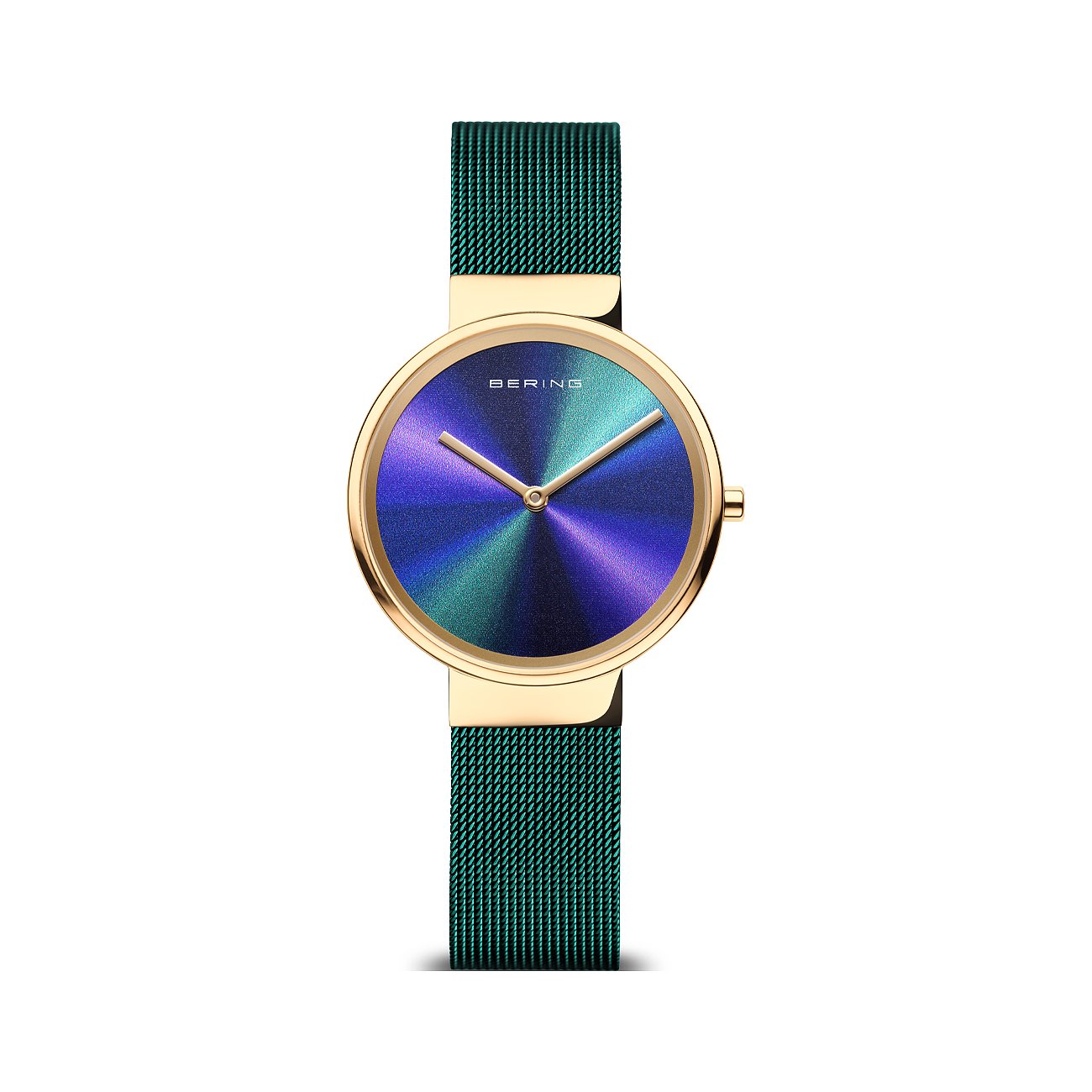 Bering Damenuhr aus goldfarbenem Edelstahl mit irisierendem, blau-violettem Zifferblatt und grünem Milanaiseband.