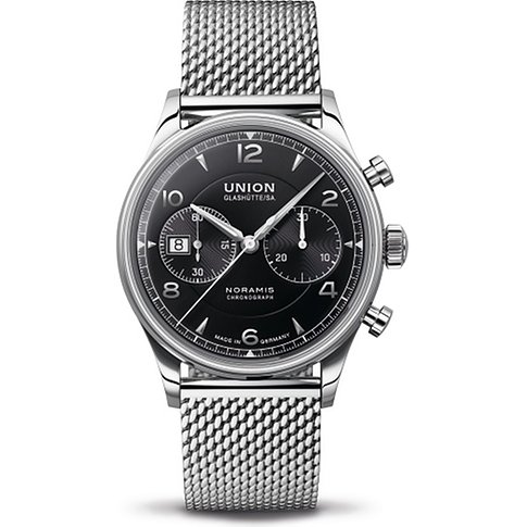 Union Glashütte Herrenuhr mit Edelstahlgehäuse, schwarzem Zifferblatt und Milanaiseband.