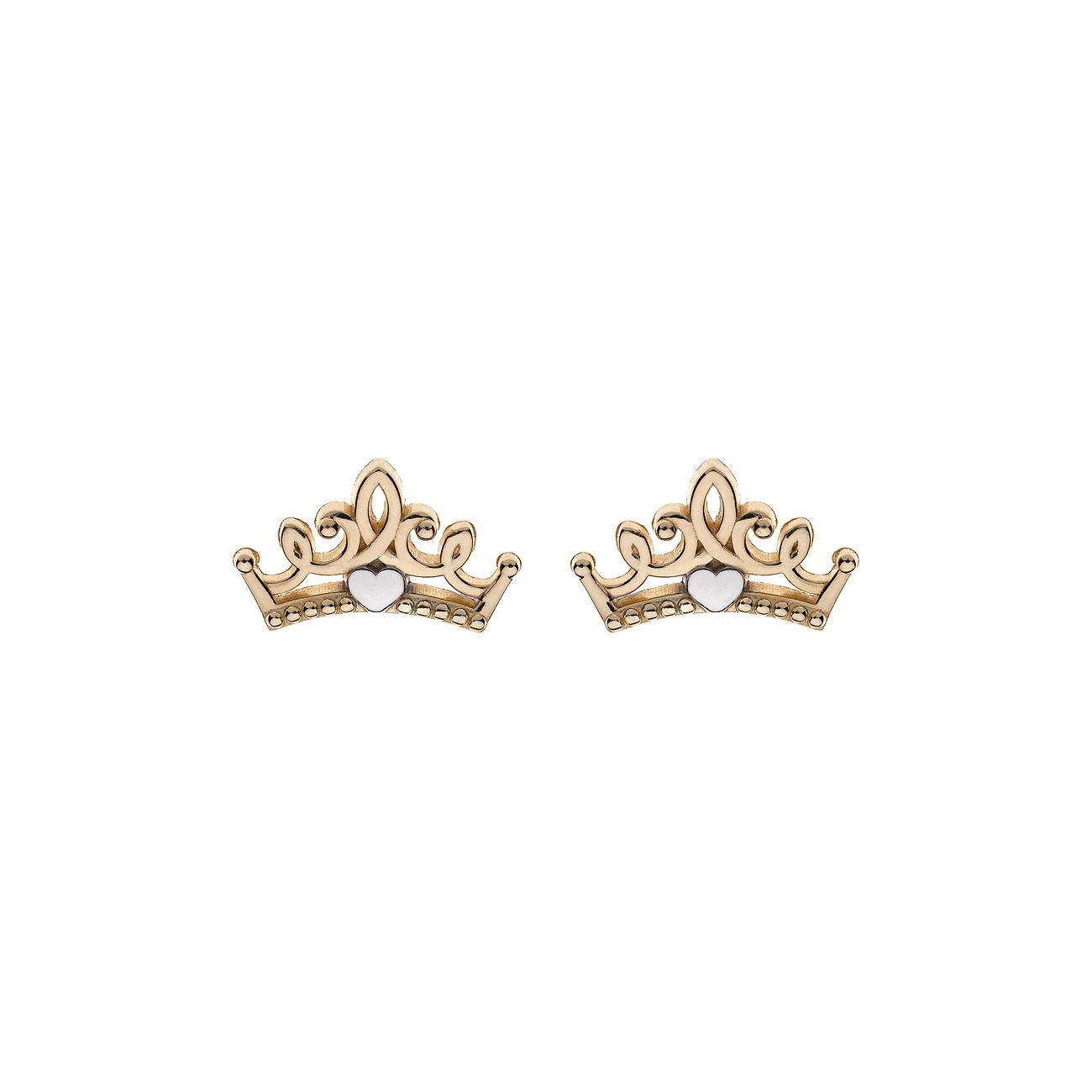 Zwei goldene Disney Kronen im Design von Ohrschmuck, jeweils mit einem kleinen silbernen Herz in der Mitte.