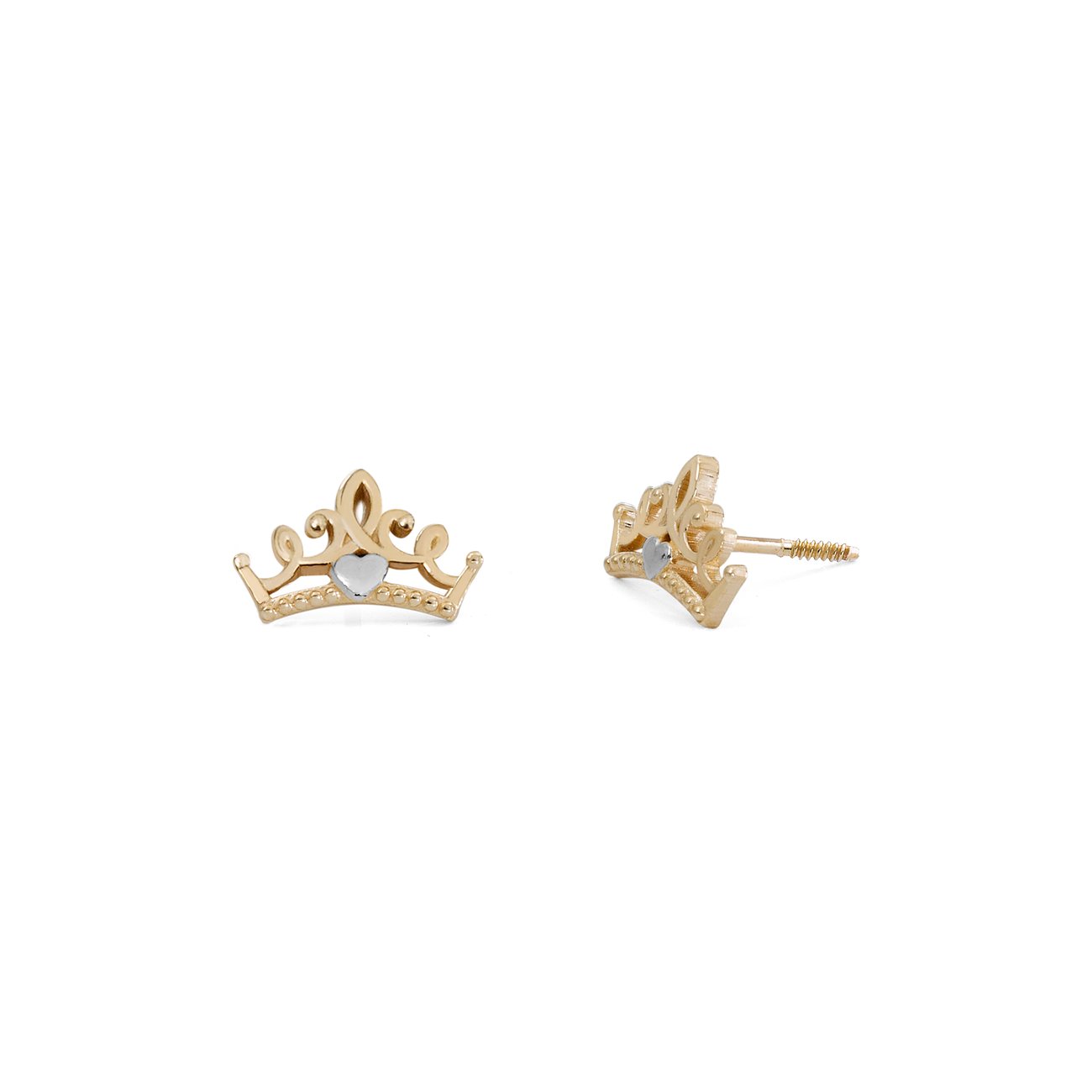 Zwei goldene Disney Kronen-Ohrstecker aus 375er Gelbgold, einer davon mit Sicht auf die Gewindestange.