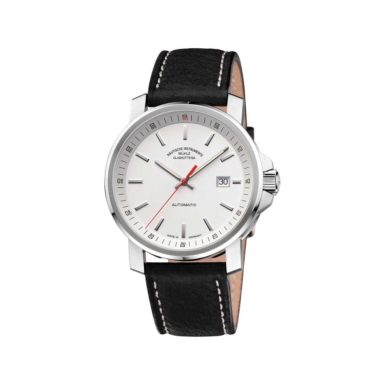 Mühle-Glashütte Herrenuhr mit Edelstahlgehäuse und weißem Zifferblatt.