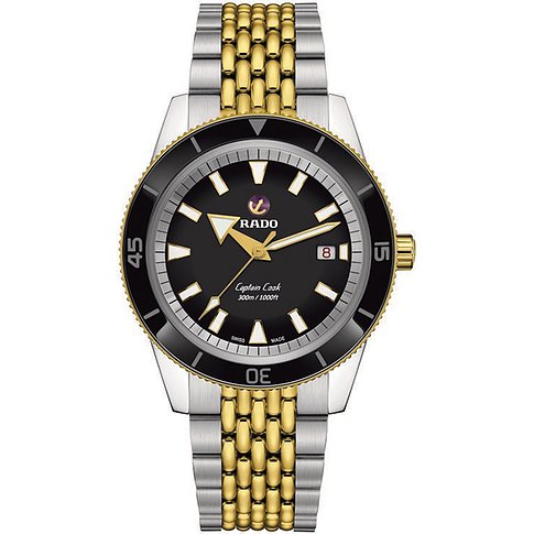 Rado Herrenuhr aus Edelstahl, bicolor, mit schwarzem Zifferblatt und Datum.