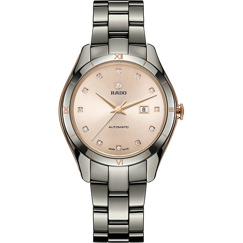 Rado Damenuhr aus dunkelgrauer Keramik und Edelstahl mit roségoldfarbenen Akzenten und Diamanten.