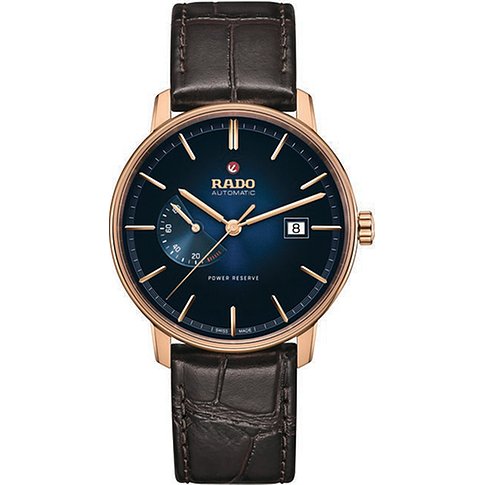 Rado Herrenuhr mit roséfarbenem Edelstahlgehäuse, blauem Zifferblatt und Lederarmband.