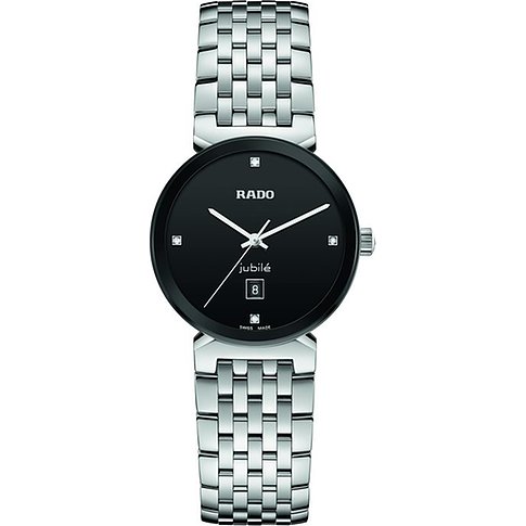 Rado Damenuhr aus Edelstahl mit Diamanten und schwarzem Zifferblatt.