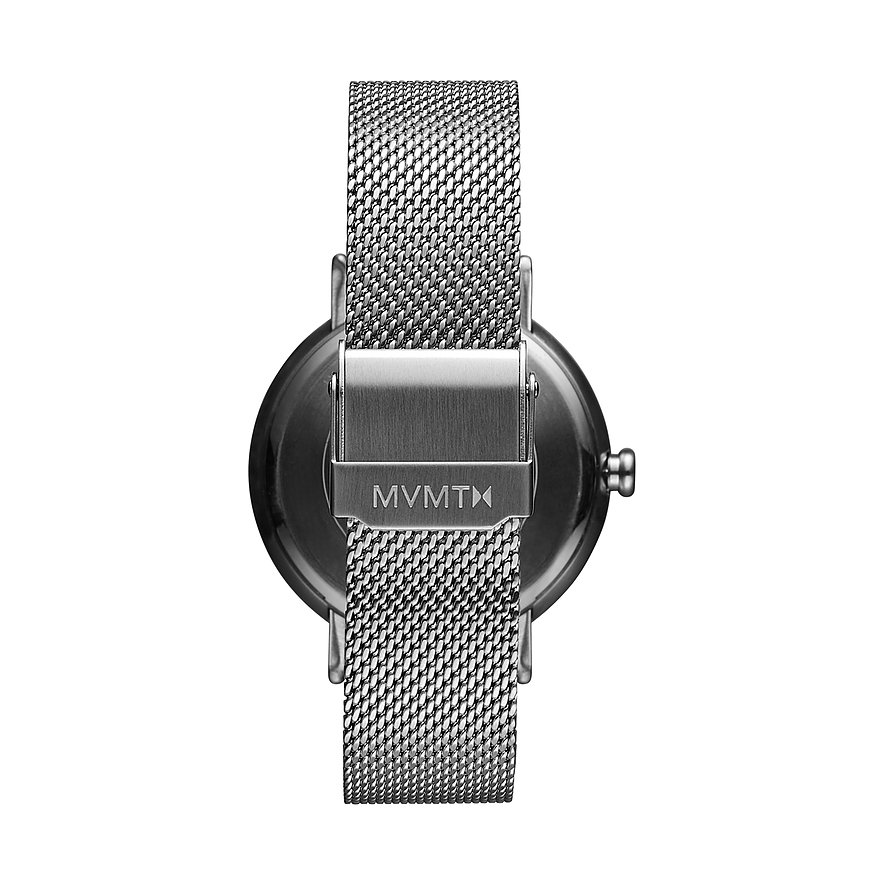 Rückseite einer MVMT Damenuhr aus Edelstahl mit sichtbarem Uhrengehäuse und Edelstahl-Mesh-Armband mit MVMT-Logo.