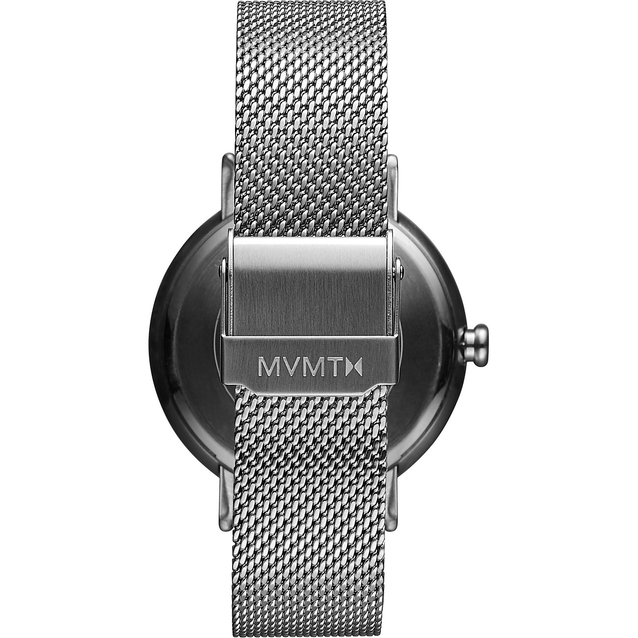 Rückseite einer MVMT Damenuhr aus Edelstahl mit sichtbarem Uhrengehäuse und Edelstahl-Mesh-Armband mit MVMT-Logo.