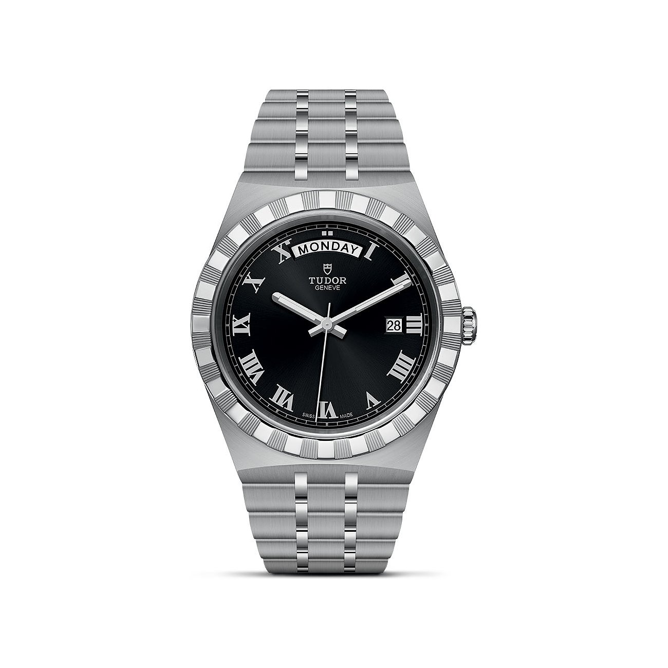 Tudor Herrenuhr mit Edelstahlgehäuse, schwarzem Zifferblatt und römischen Ziffern.