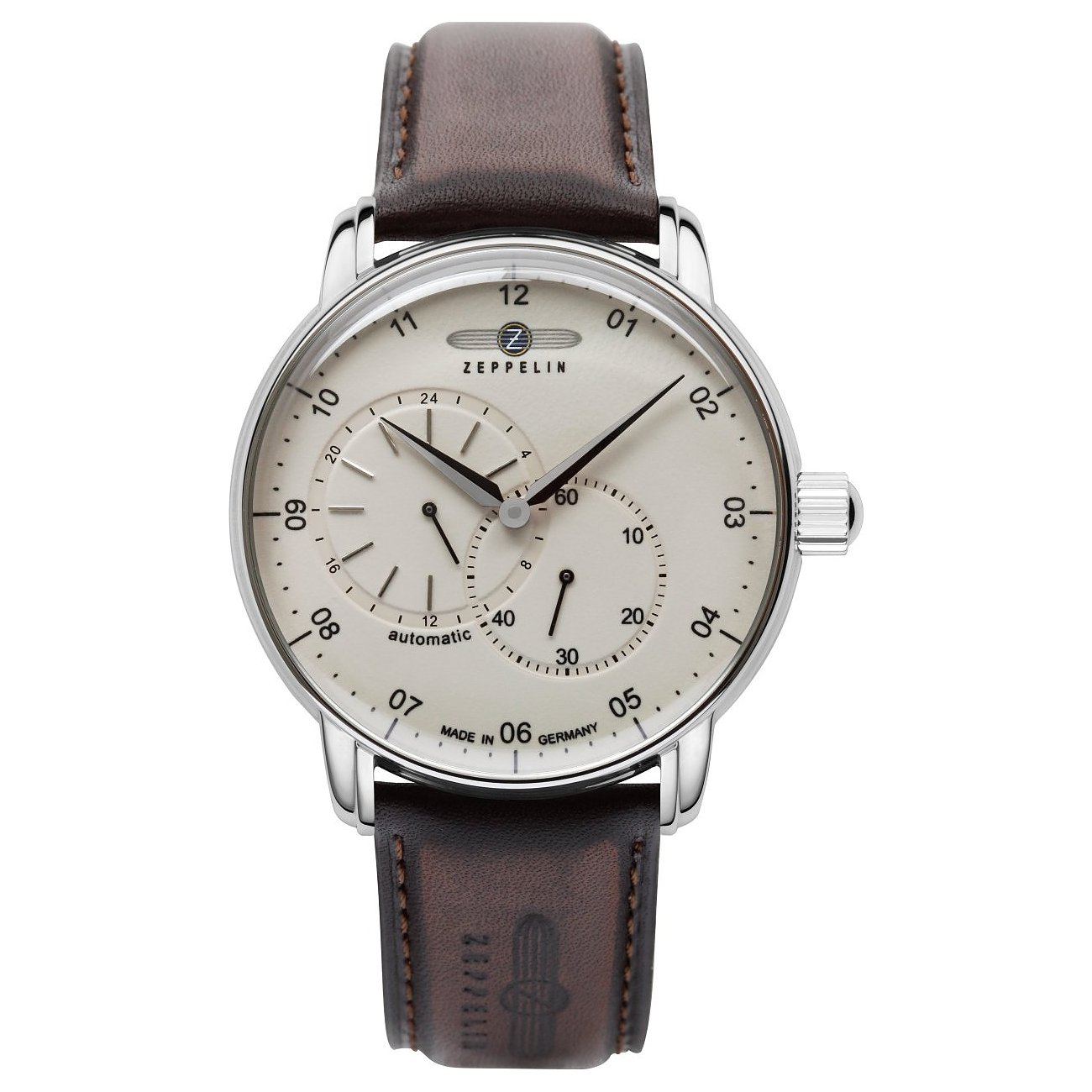 Zeppelin Herrenuhr mit Edelstahlgehäuse, cremefarbenem Zifferblatt und braunem Lederarmband.