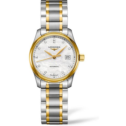 Longines Damenuhr mit Edelstahlgehäuse, Gelbgold-Akzenten, Diamanten und analoger Anzeige.