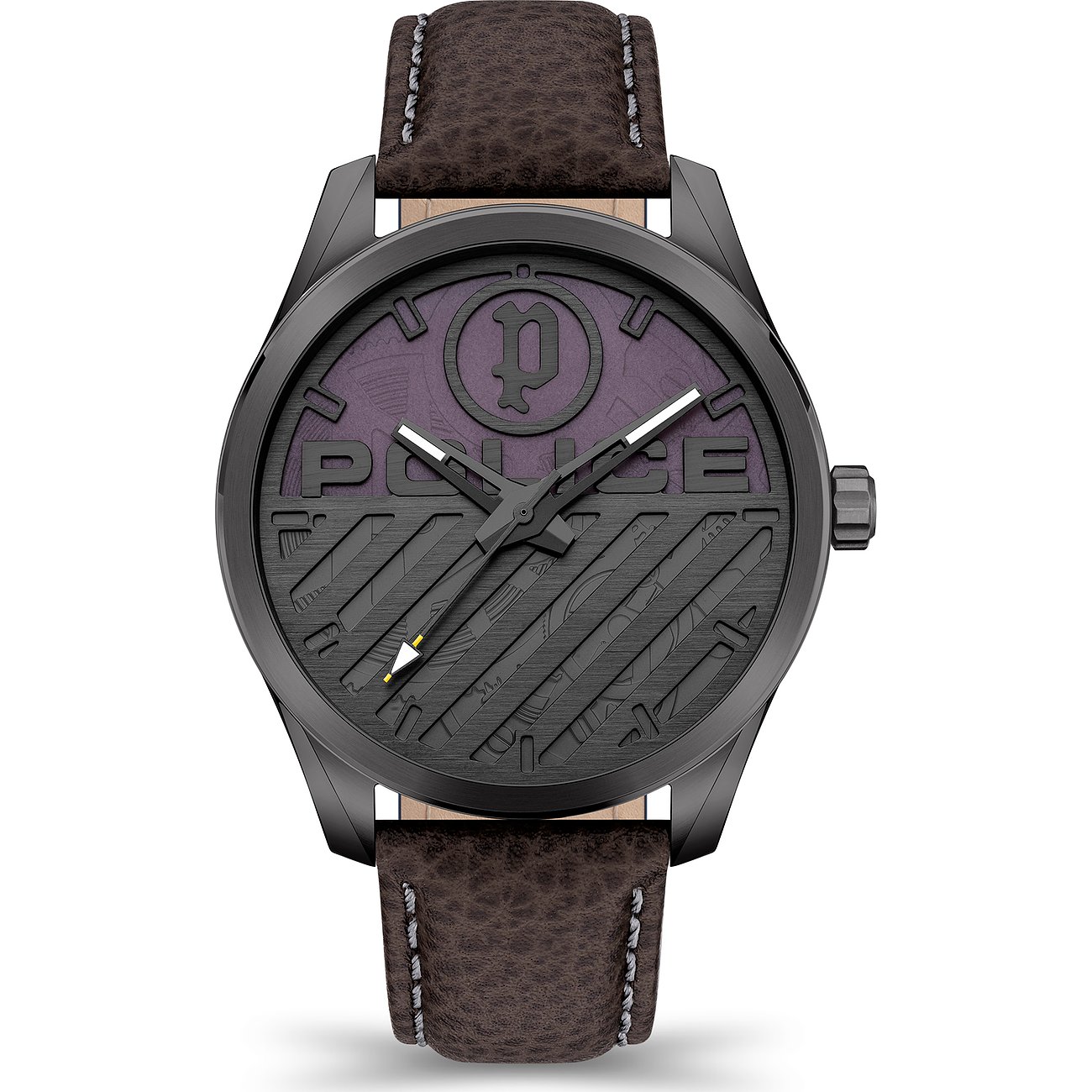 Police Herrenuhr aus Metall mit dunkelgrauem Zifferblatt und braunem Lederarmband, Ansicht von vorne.