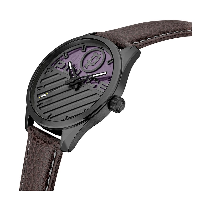 Police Herrenuhr aus Metall mit dunkelbraunem Armband, lila Zifferblatt und schwarz-violettem Design.
