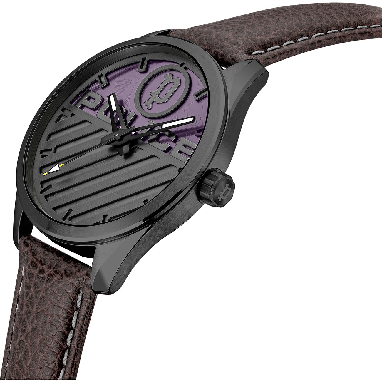 Police Herrenuhr aus Metall mit dunkelbraunem Armband, lila Zifferblatt und schwarz-violettem Design.
