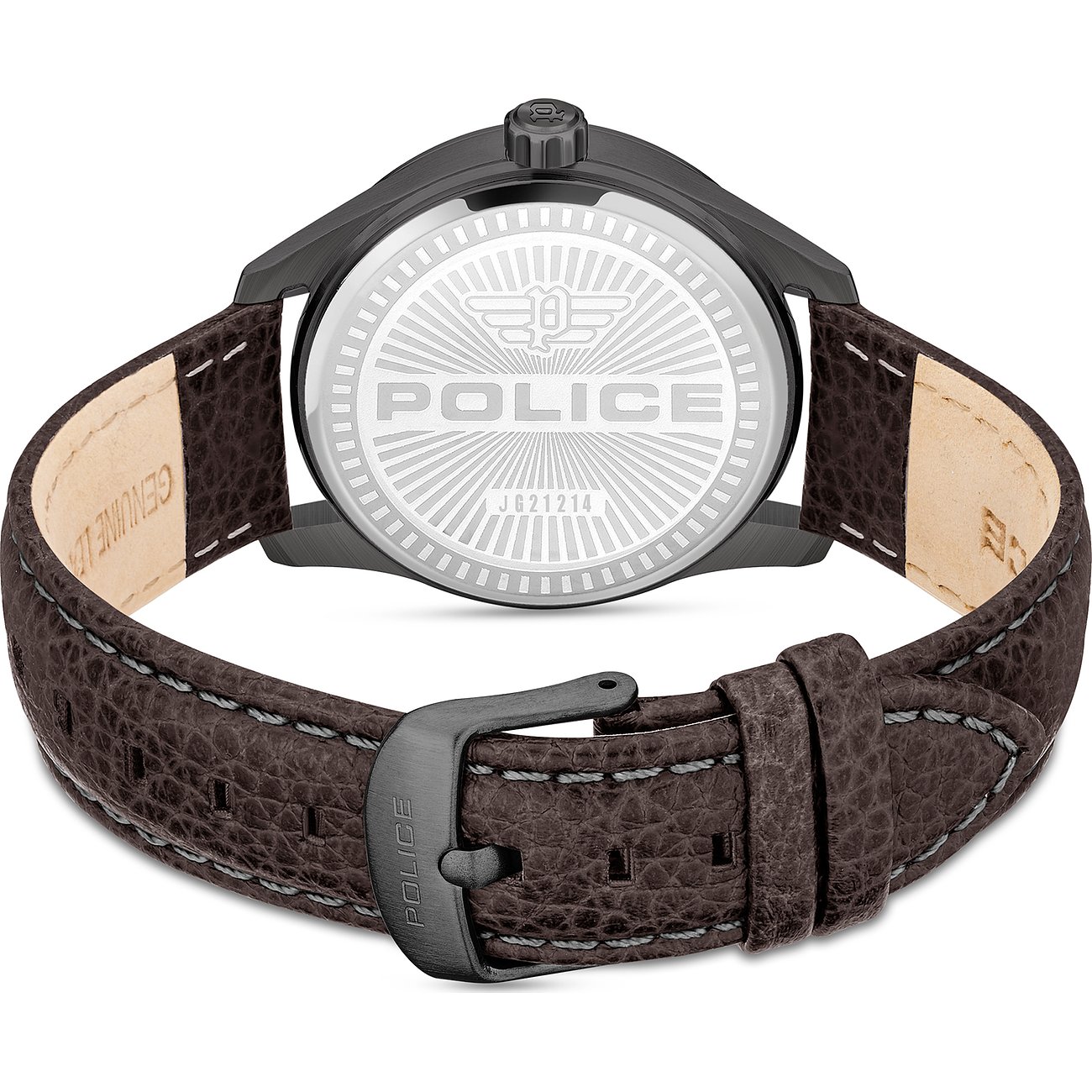 Rückseite einer Police Herrenuhr aus Metall mit geätztem Logo und Seriennummer JB21214. Graues Lederarmband mit Schnalle.