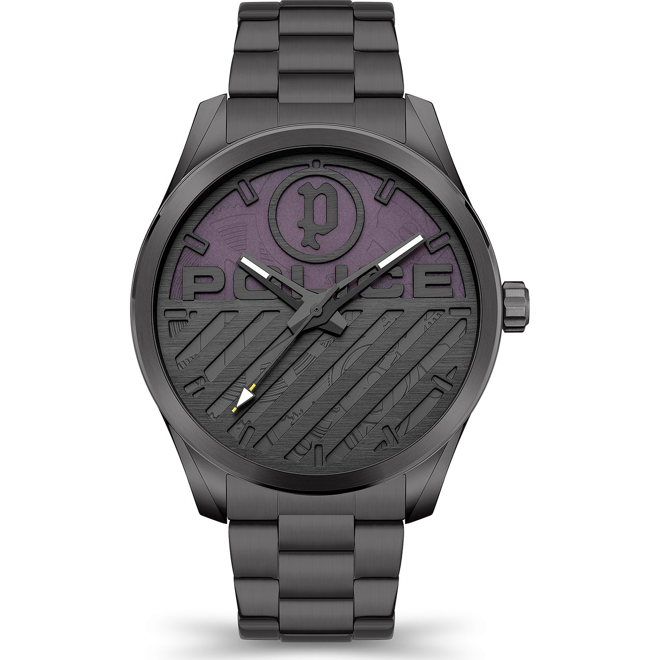 Police Herrenuhr aus schwarzem Metall mit lilafarbenem Zifferblatt und Police-Logo bei 12 Uhr.