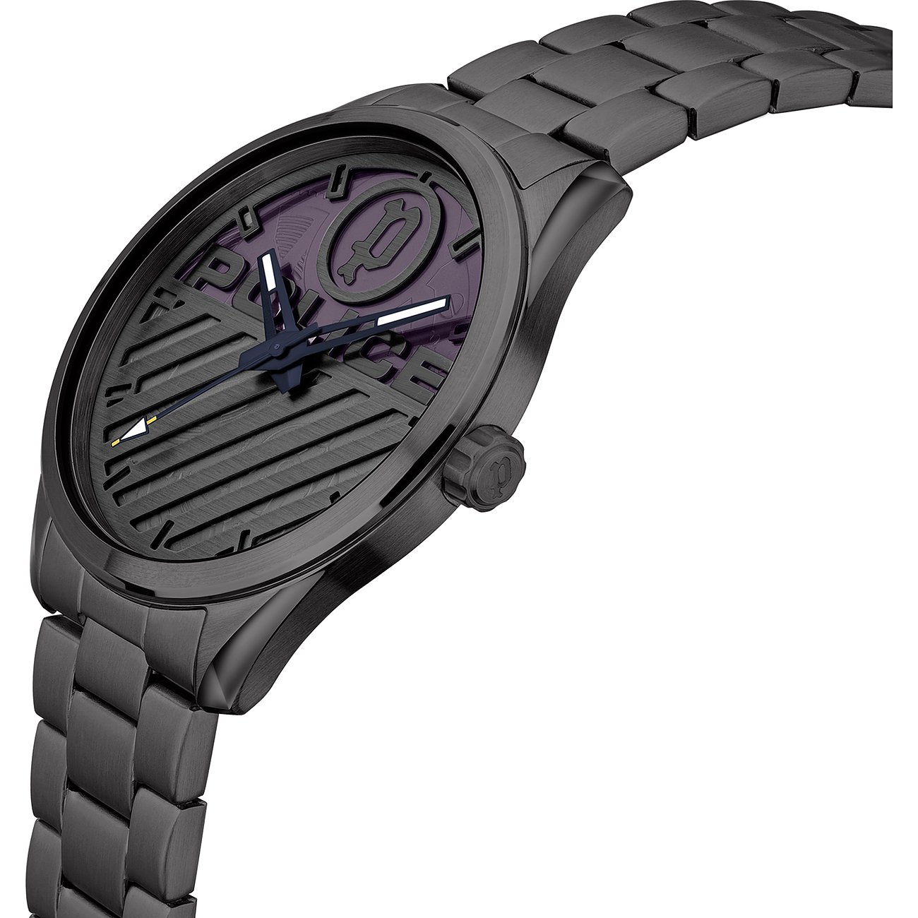 Dunkelgraue Police Herrenuhr, von oben rechts betrachtet, mit violettem Zifferblatt und grauen Stundenmarkierungen.