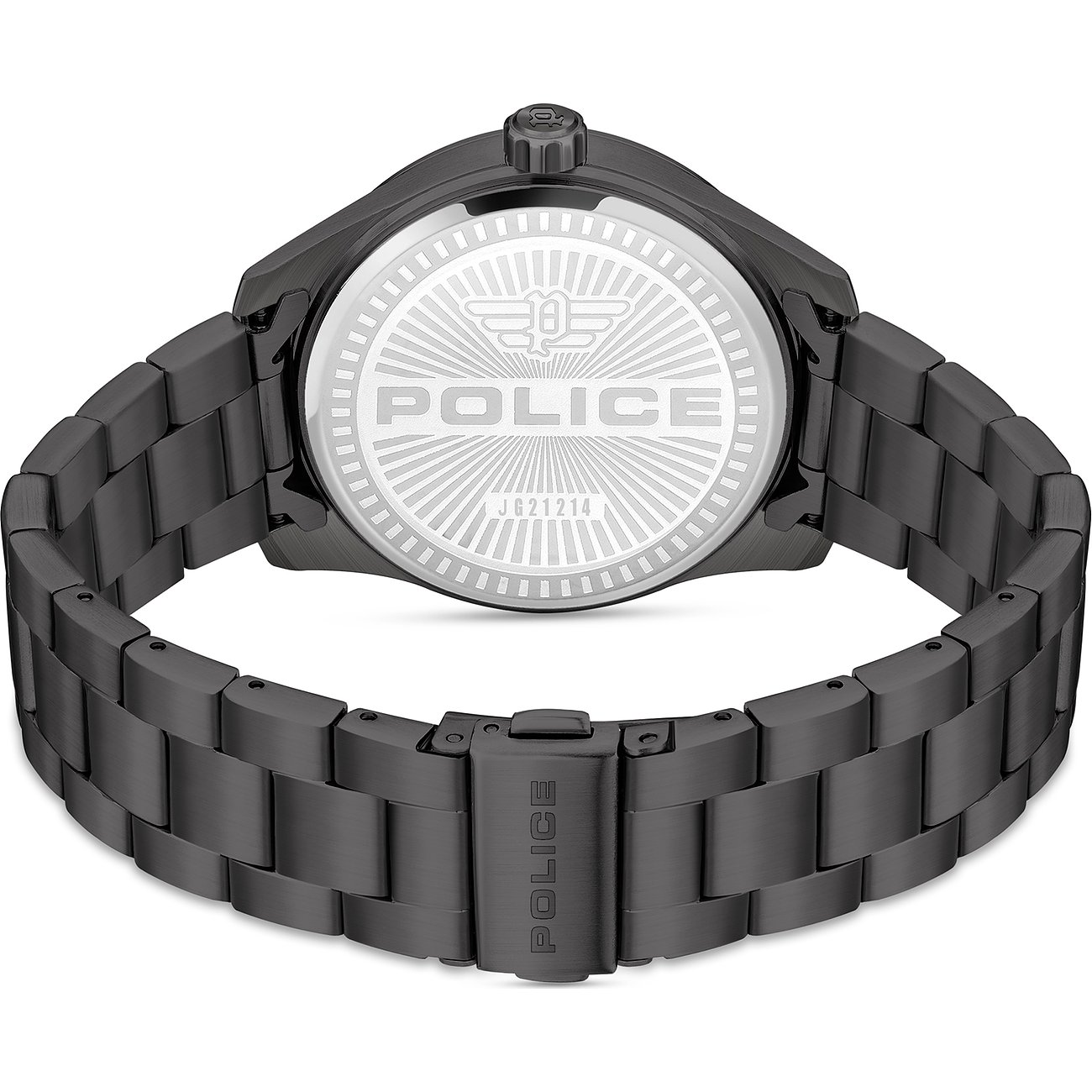 Rückansicht der Police Herrenuhr aus schwarzem Metall. Die Gehäuserückseite ist hellgrau mit dem Police-Logo.